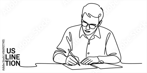 Continuous line art illustration of a person writing or working at a desk Vector, illustration