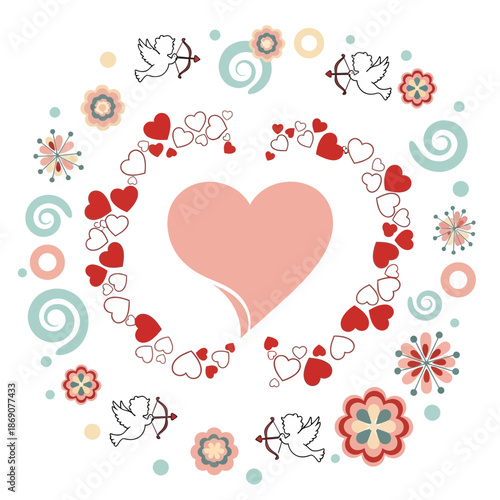 Valentine's Day Heart Circle with Cupid and Flowers