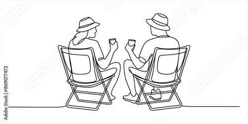 Continuous line art of two people sitting in folding chairs enjoying a relaxed moment together Vector, illustration