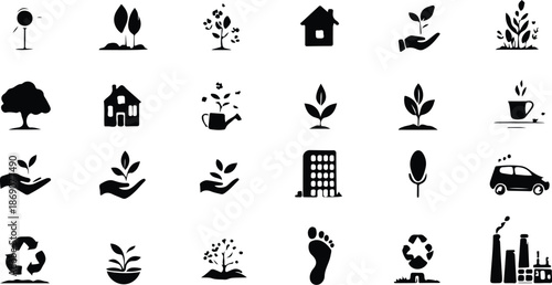 Set of black vector nature icons featuring eco symbols like a tree, leaf, sun, globe, and house silhouette for web design illustration