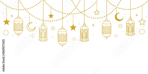 Ramadan Kareem arabic traditional lantern hanging line art decoration