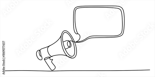 Continuous line drawing of a megaphone with a speech bubble for announcement and communication Vector, illustration