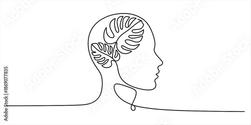 Minimalist single line art illustrating the human mind's connection to natural growth Vector, illustration