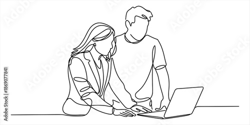 Continuous line drawing of two colleagues collaborating on a laptop project Vector, illustration