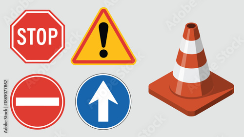 Traffic signs and cones for road safety measures illustrating warning symbols, traffic control, construction zones and hazard prevention design.