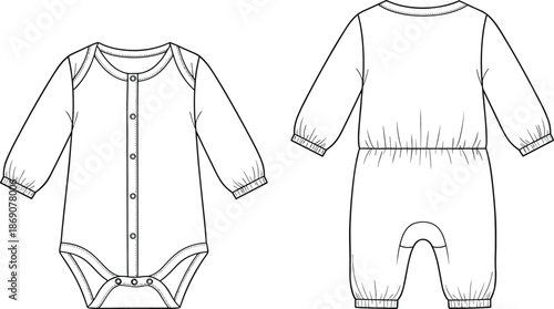 Baby onesie technical sketch, fashion flat drawing, CAD apparel illustration, snap button closure, elastic cuffs, vector infant garment design template
