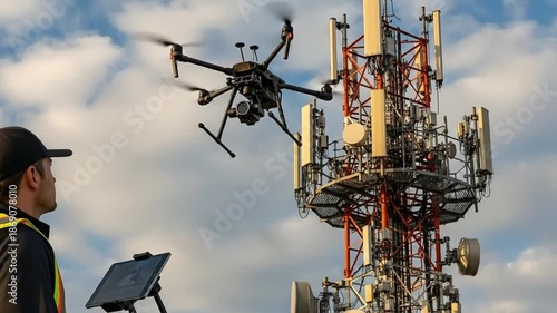 Wallpaper Mural Drone Inspection of Telecommunication Tower for Maintenance and Data Collection. Torontodigital.ca