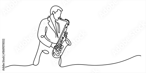 Continuous line drawing of a musician playing a saxophone, capturing the spirit of jazz music Vector, illustration