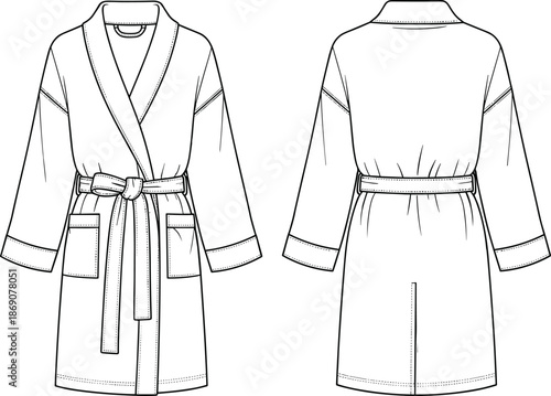 Bathrobe sketch, fashion flat drawing, belted waist design, shawl collar robe, apparel template, front back view, vector illustration