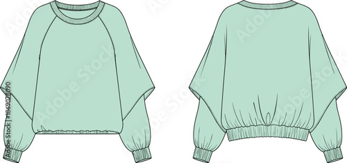 Batwing sleeve top sketch, fashion CAD drawing, flat vector illustration, ribbed cuff, round neck, loose fit, garment design, apparel