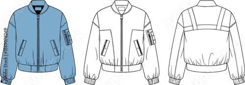 Bomber jacket, fashion sketch, technical drawing, front view, back view, vector illustration, CAD flat, garment design, clothing template, outerwear