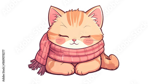Cartoon kitten, orange tabby, smiling and relaxed, wearing a pink scarf, on black background