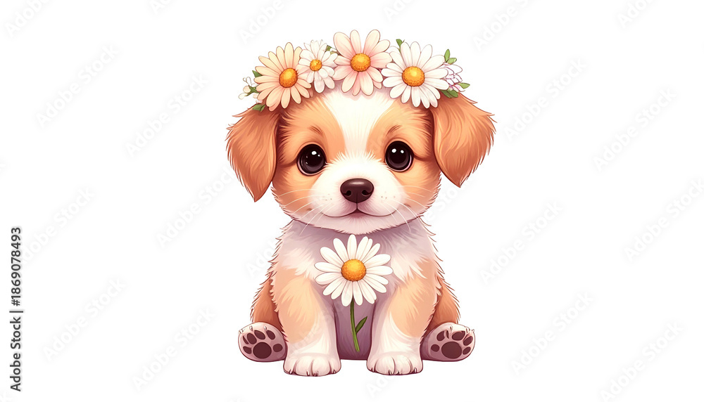 Fototapeta premium Adorable cartoon puppy with flower crown and daisy, sitting, on black background