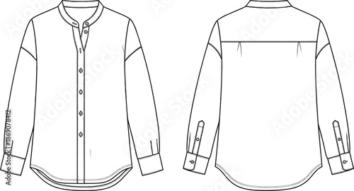 Button-up shirt technical sketch, fashion flat drawing, CAD apparel illustration, band collar detail, pleated back, vector garment design template