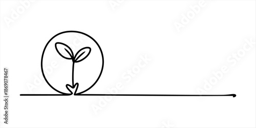 Continuous line drawing of a small plant sprout growing inside a circle, representing growth and nature Vector, illustration