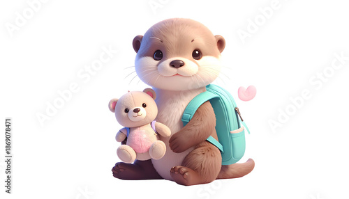 Adorable animated otter with backpack and teddy, heart, set against a dark background