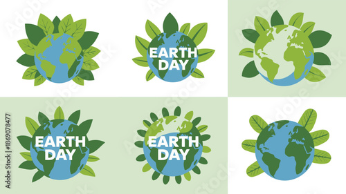 Six diverse Earth Day logos featuring the planet surrounded by vibrant green foliage and text