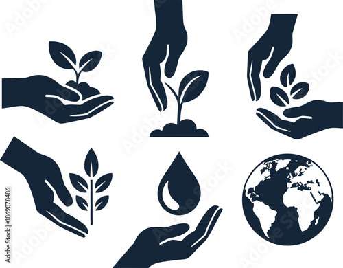 Silhouettes of hands caring for plants, a water droplet, and the Earth signify global environmental protection