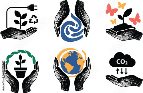 Six hand icons symbolizing environmental care, energy, water, planting, global protection, and carbon emission reduction