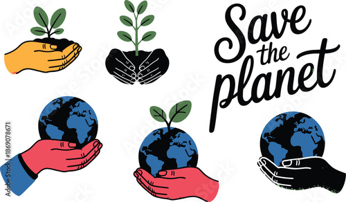 Stylized illustrations show hands holding young plants and the Earth with a save the planet message