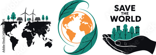 Three distinct graphics emphasizing global ecological responsibility, featuring wind power, solar panels, and a hand protecting nature