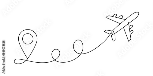 A simple line drawing of a location pin connected to an airplane symbolizing travel and journey Vector, illustration