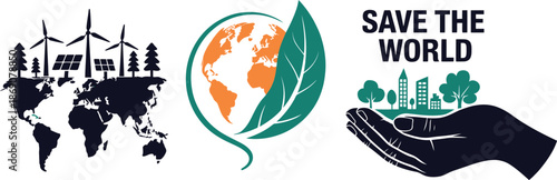 Three environmental illustrations depicting global renewable energy solutions, a planet Earth leaf symbol, and hand protecting urban nature