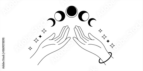Mystical hands channeling the cycle of the moon phases in a celestial illustration Vector, illustration