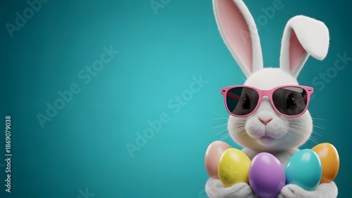 Happy easter bunny wearing sunglasses holding colorful eggs
