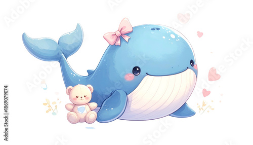 Adorable cartoon whale with a pink bow, smiling, hugging a teddy bear, surrounded by hearts