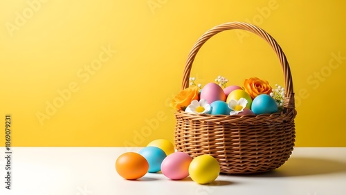 Happy easter eggs in a woven basket on yellow background