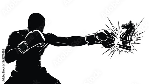 A black silhouette of a boxer punching a chess knight piece