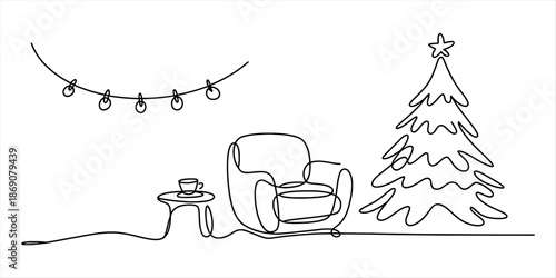 Cozy continuous line art of christmas living room scene with armchair and tree Vector, illustration