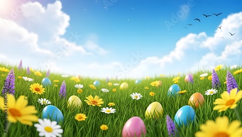 Happy easter wishes in a vibrant spring floral field with colorful eggs