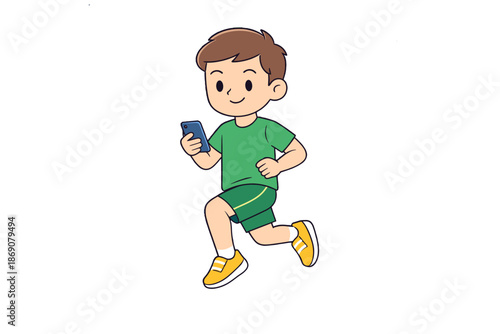 Cheerful Boy Running with Smartphone, Healthy Lifestyle Concept. Generated image