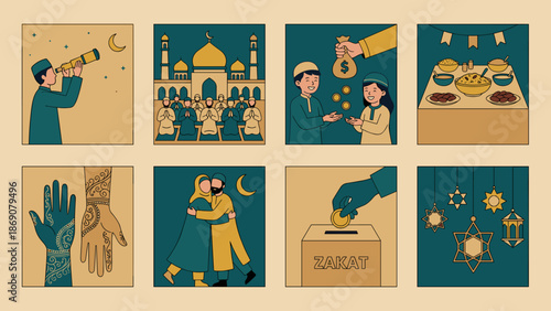 Ramadan Kareem celebration set with various traditional Islamic elements and activities.