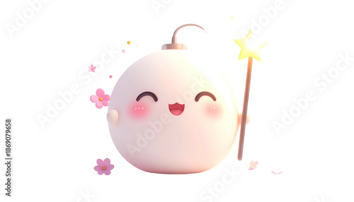 Cute, smiling spherical cartoon figure with a wand, surrounded by flowers