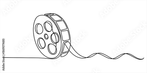 A continuous line drawing of a movie film reel with an unspooling strip Vector, illustration