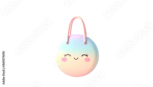 3D-rendered pastel sphere, cute cartoon face, handles, isolated on black