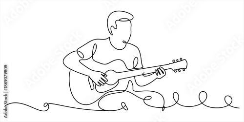 Continuous line drawing of a musician playing an acoustic guitar while sitting Vector, illustration