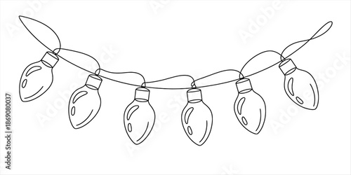 Simple line art illustration featuring a festive string of seven christmas light bulbs hanging on a wire Vector, illustration