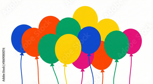 A multitude of floating balloons in a saturated color scheme with simple color blocks on a white background.