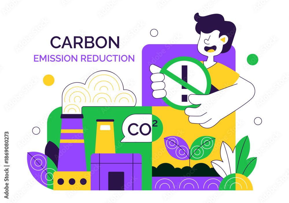 Naklejka premium Carbon Footprint Reduction Illustration Featuring Environmental Pollution Impact Analysis With CO2 Effects On Nature Climate And Ecological Balance