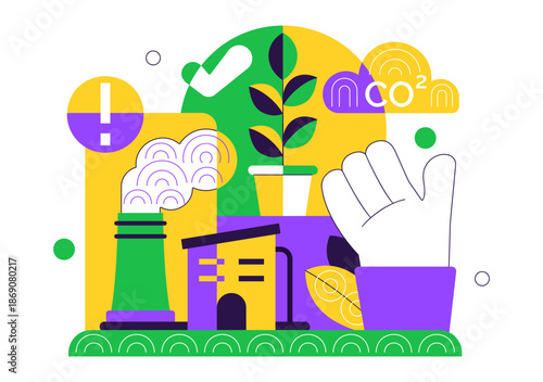 Carbon Footprint Reduction Illustration Featuring Environmental Pollution Impact Analysis With CO2 Effects On Nature Climate And Ecological Balance