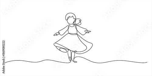 A continuous one line drawing of a joyful woman spinning in a dress, dancing gracefully Vector, illustration