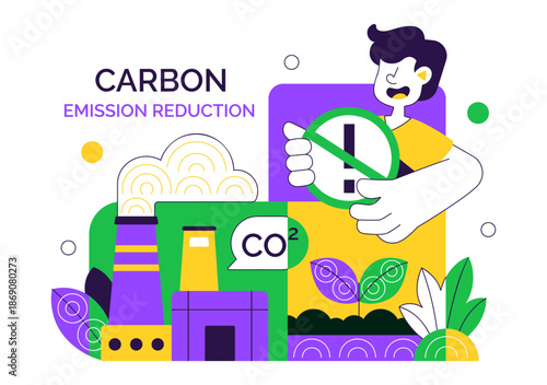 Carbon Footprint Reduction Illustration Featuring Environmental Pollution Impact Analysis With CO2 Effects On Nature Climate And Ecological Balance