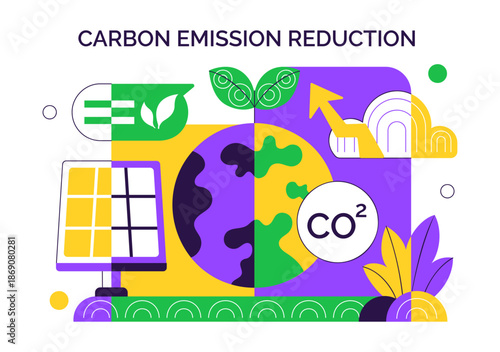 Carbon Footprint Reduction Illustration Featuring Environmental Pollution Impact Analysis With CO2 Effects On Nature Climate And Ecological Balance