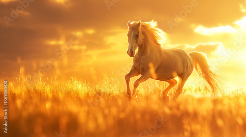 a majestic golden horse galloping gracefully through a golden field during a serene sunset. It captures a moment of natural beauty and freedom, exuding a sense of peace and wonder.