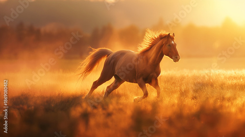 a majestic golden horse galloping gracefully through a golden field during a serene sunset. It captures a moment of natural beauty and freedom, exuding a sense of peace and wonder.