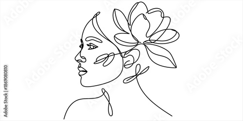 Elegant profile portrait of a woman with a large flower in single line art style Vector, illustration